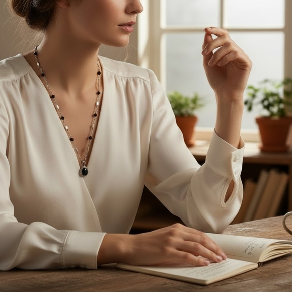 Brighton Vintage Elegant Black and Marcasite-Style Silver Teardrop Necklace - Picture 5 of 9